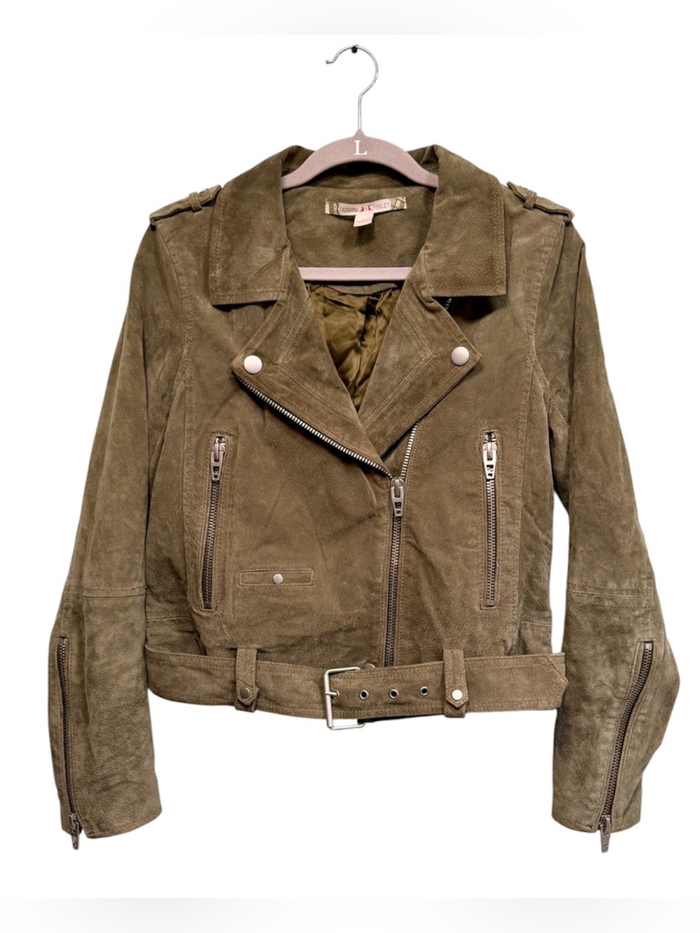 Chelsea & Violet 100% suede olive green leather moto jacket, size Large